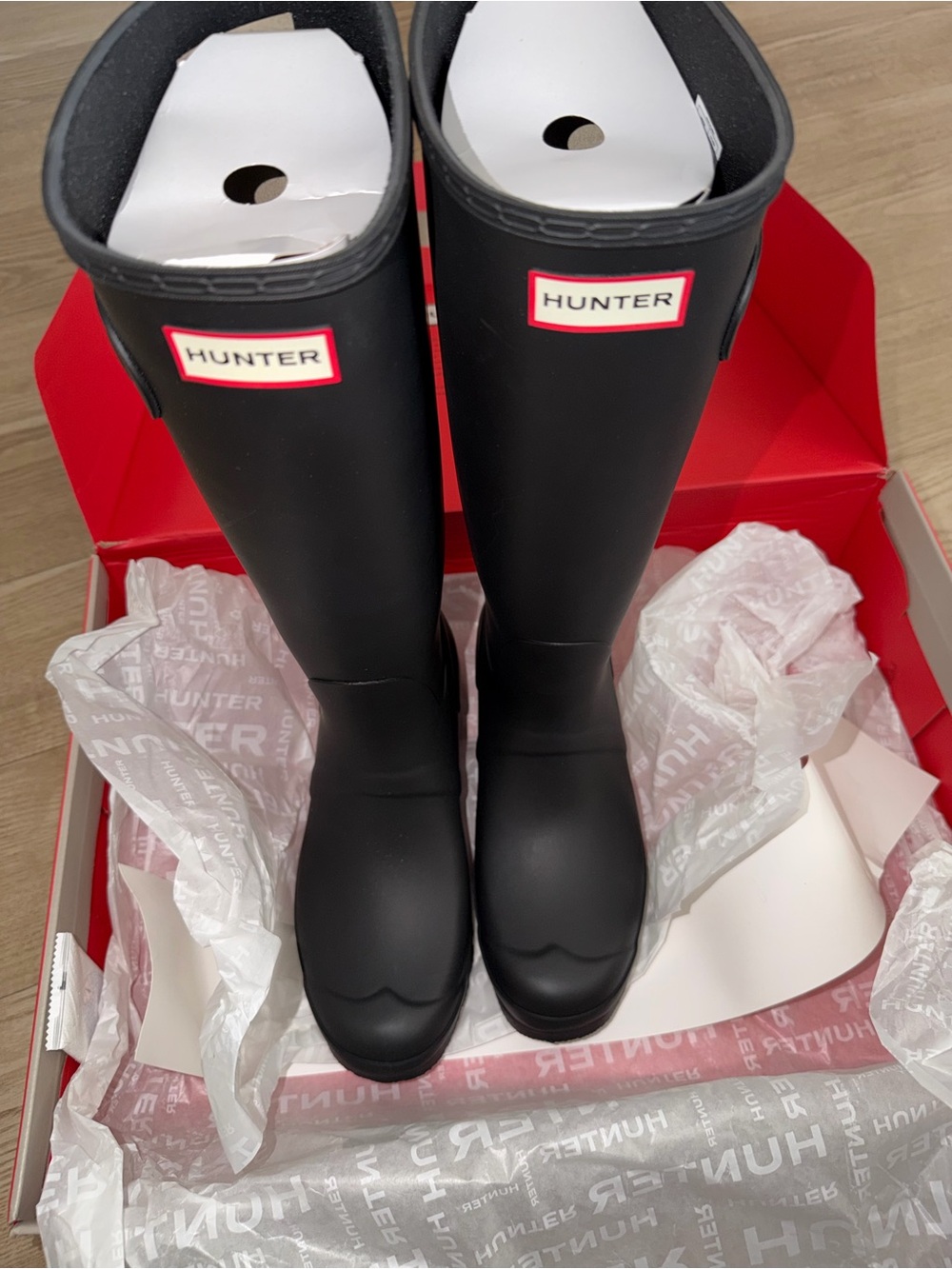 Hunter Tall Matte Black Rain Boots with Red Logo Accent